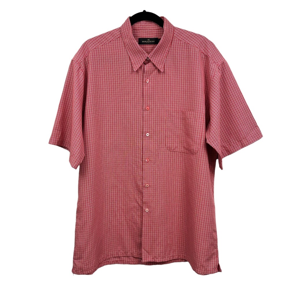 Bugatchi Uomo Plaid Shirt Button Down Short Sleeves Pen Pocket Red White Men XL*